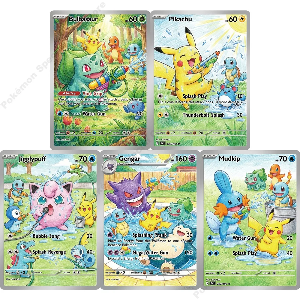 5Pcs  카드 Gengar Bulbasaur Jigglypuff Mudkip 워터 파이..