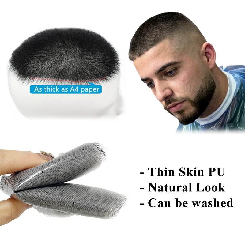 Capelli umani al 100% Nero Buzz Cut Parrucchino per uomo Ultra sottile Traspirante 15 * 20 cm PU Topper Accessorio per capelli quotidiano dall'aspetto naturale - immagine 4