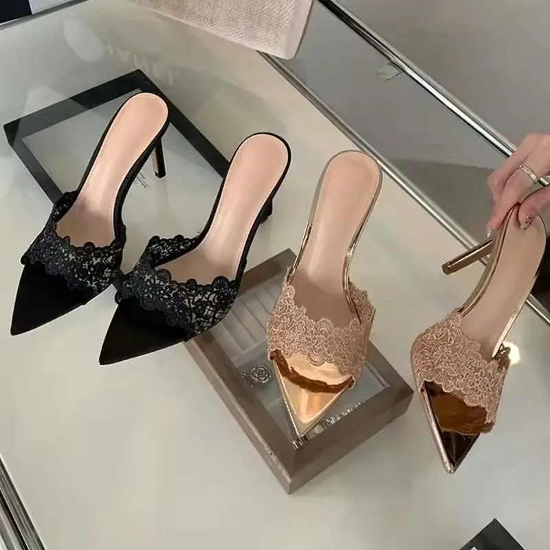 New Elegant Women's High Heel Sandals Lace Embroidery Pointed Open Toe Stiletto Wedding Party Slippers Sexy Dress Shoes