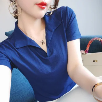T-shirt con collo a polo Donna Trend 2025 Pullover estivo T-shirt slim per giovani Y2k Tinta unita Top originale in poliestere Estetico azzurro