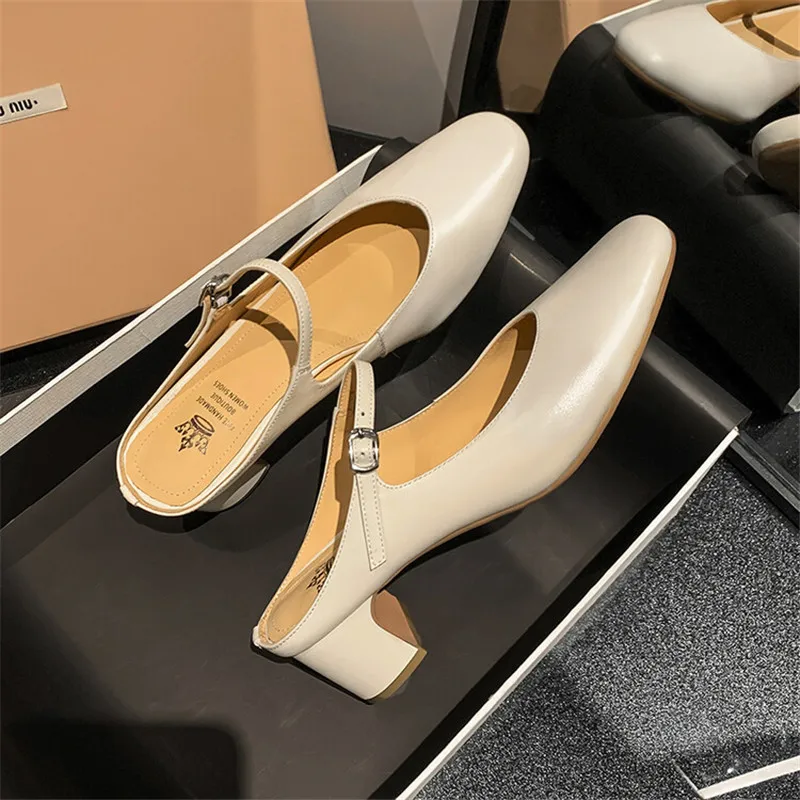 

New Summer Shoes Mules Shoes for Women Split Leather Women Slippers Straight Line Round Toe Thick Heel Slippers Ladies Shoes
