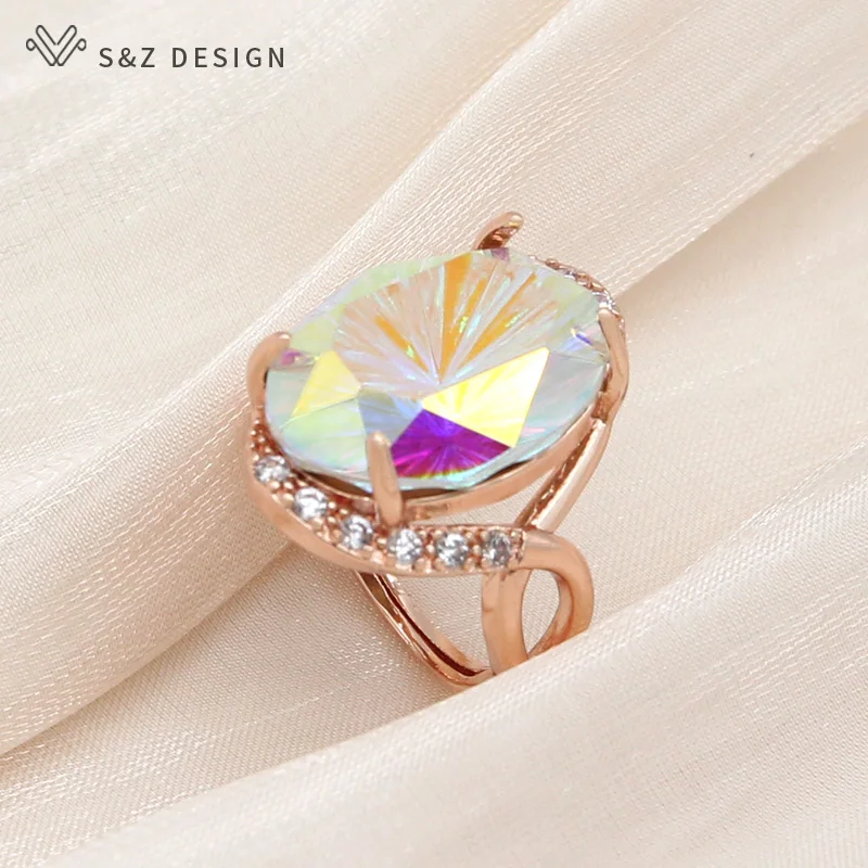 S&Z DESIGN New Fashion 585 Rose Gold Color Egg Shape Oval Crystal Rings For Women Wedding Party Elegant Jewelry Trendy Gift