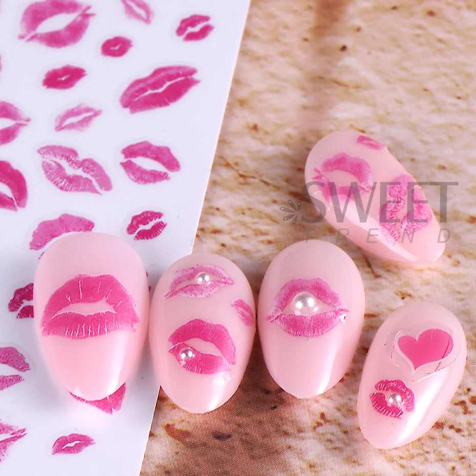 3D Sexy Lips Nail Stickers Leopard Print Love Heart Letter Pink Rose Red Lips Valentines Manicure DIY Romantic Nail Decoration 6