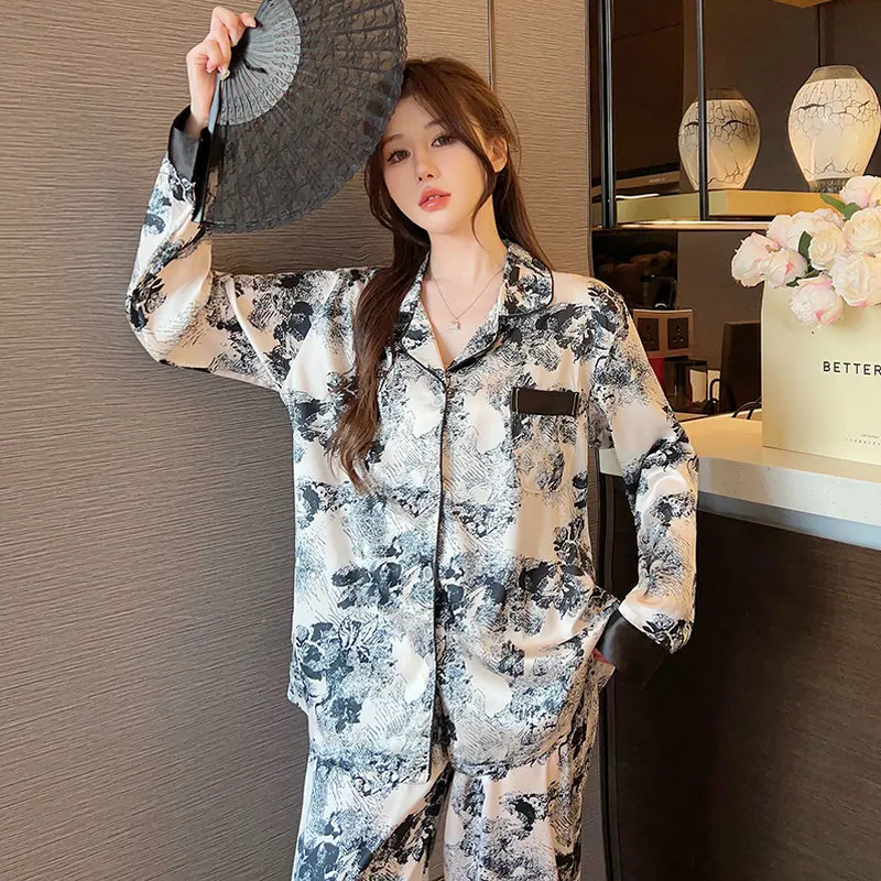 New summer short-sleeved trousers, pajamas, women's cardigans, long-sleeved flowers, satin fashion, thin loungewear