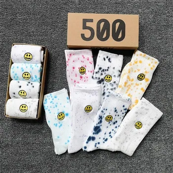 Men's Socks Smiley Tie Dye High Street Trend Medium Tube Fashion Man Socks Cotton Japanese Spring Socks Wholesale 4 pairs/Box 1