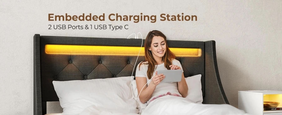 Description Picture 3 of itemUS Twin Bed Frame with LED Lights and Charging Station, Upholstered Bed with Drawers, Wooden Slats, Noise Free, Easy Assembly