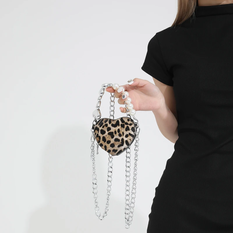 Heart Shaped Leopard PU Shoulder Bags Chains Beading Hot Girl Style Super Cool Crossbody Bags for Women Fashion