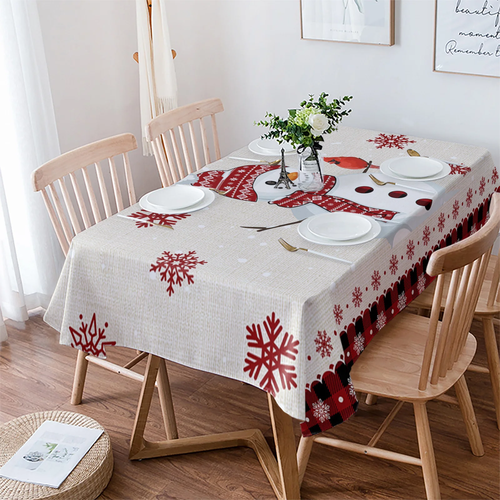 

Christmas Snowman Snowflake Robin Berry Kitchen Supplies Living Room Coffee Table Home Decor Dining Table Waterproof Tablecloth