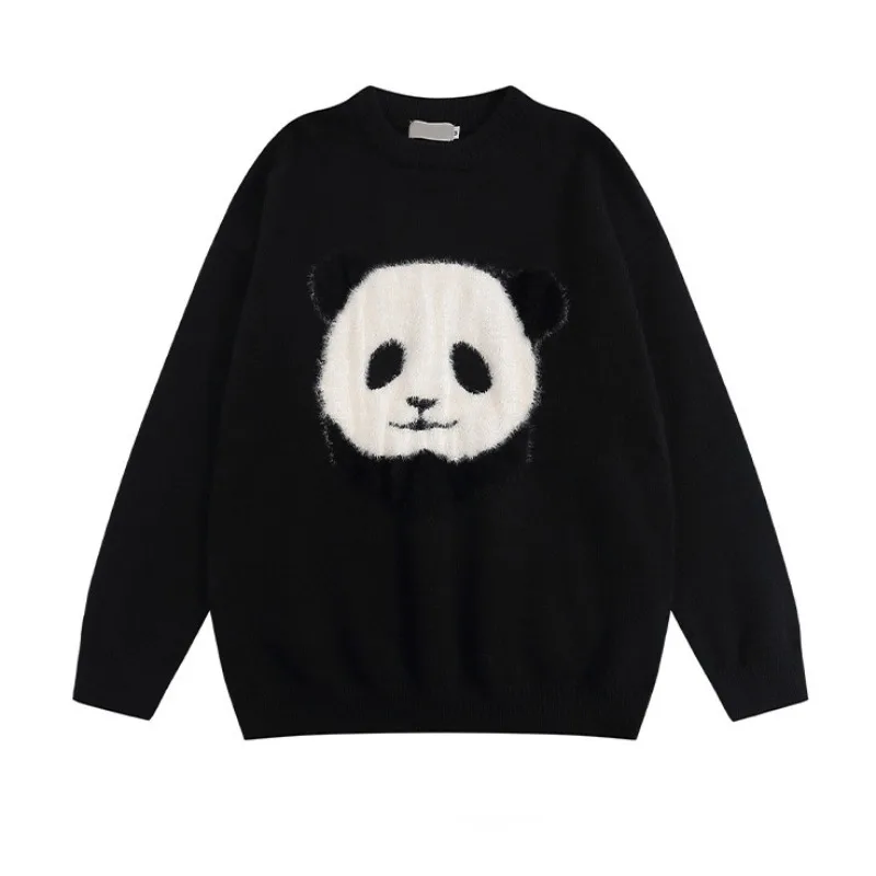 

Autumn Mens Pullover Cartoon Giant Panda Printed Sweater Lazy Man Round Neck Color Matching Sweater Casual Neutral Knitted Top
