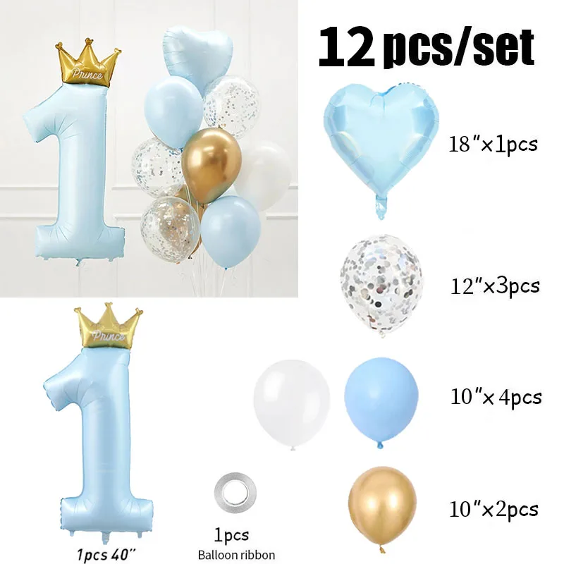 40 인치 프린스 크라운 번호 호일 풍선 1 생일 파티 장식 어린이 소년 소녀 첫 1 년 기념일 글로브 용품