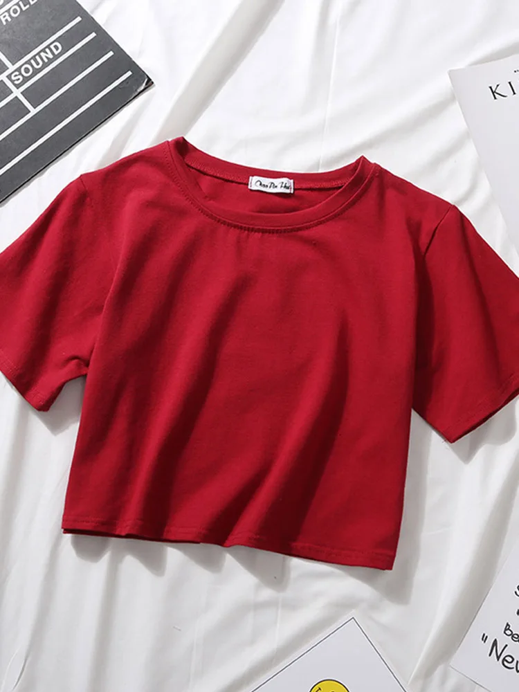 2023 Summer Short Sleeve T Shirts Women Cotton Solid T-shirt O Neck High Waist Crop Top Tee Female Casual Loose T Shirt 3
