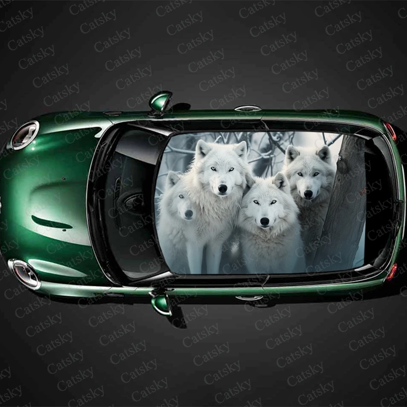 

White Arctic Wolf Car Roof Sticker Wrap Racing SUV Accessories Packaging Painted PVC Custom Car Graphic Decal