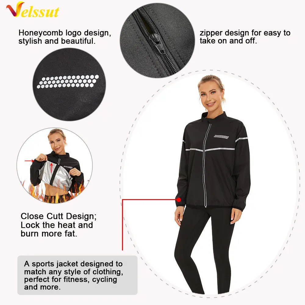 Velssut Sauna Jacket for Women Hot Sweat Top Weight Loss Sportwear Fitness Long Sleeve Thermal Shirt Fat Burner Gym Sport Zipper
