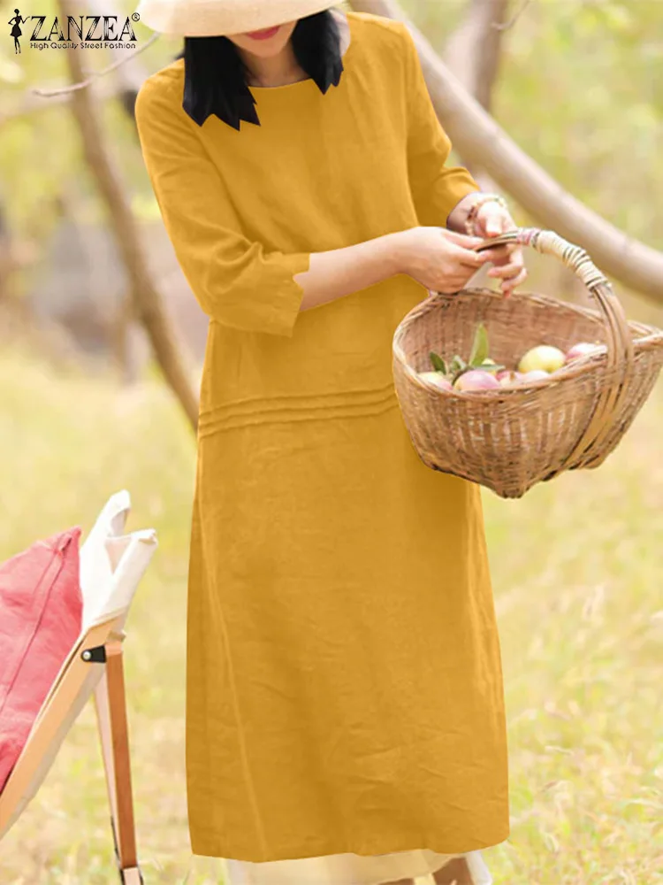

ZANZEA Women Cotton Midi Dresses 2024 Casual Loose O-neck Vestidos Spring 3/4 Sleeve Pleating Robe Holiday Solid Belted Dress