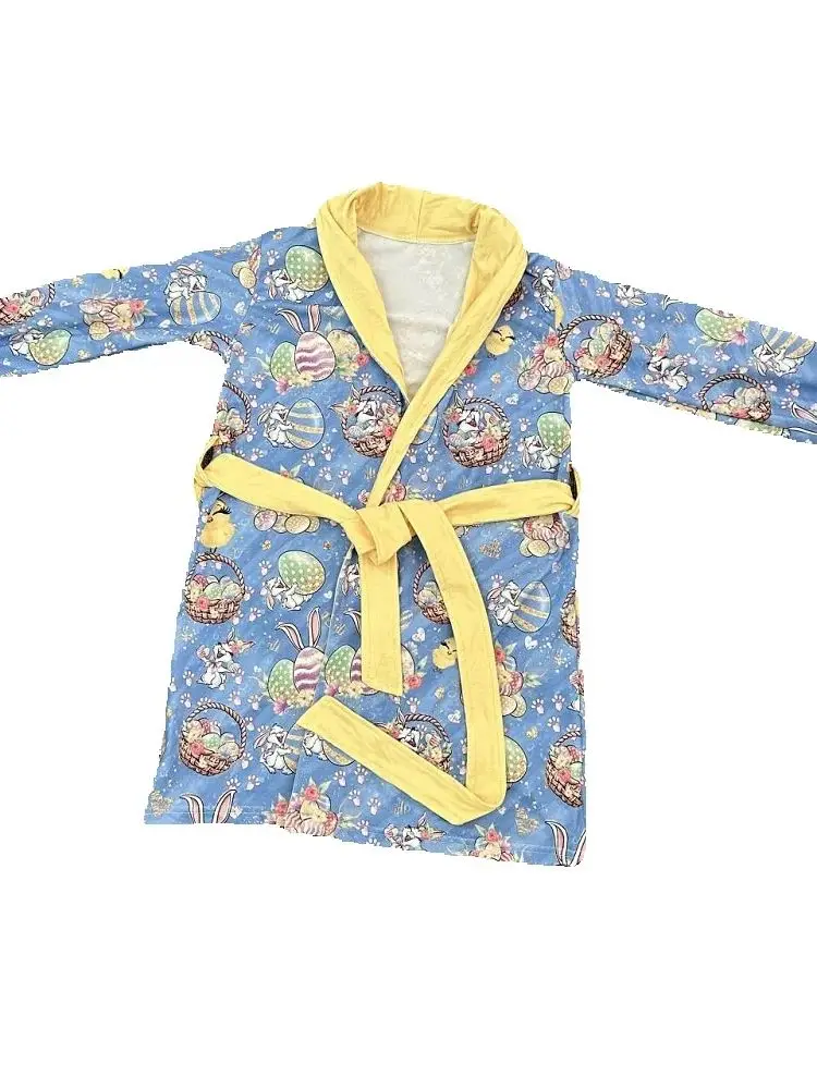 Hot Selling Easter Boutique Children's Clothing Long Sleeve Blue Bunny Egg Print Boys Pajamas Milk Silk