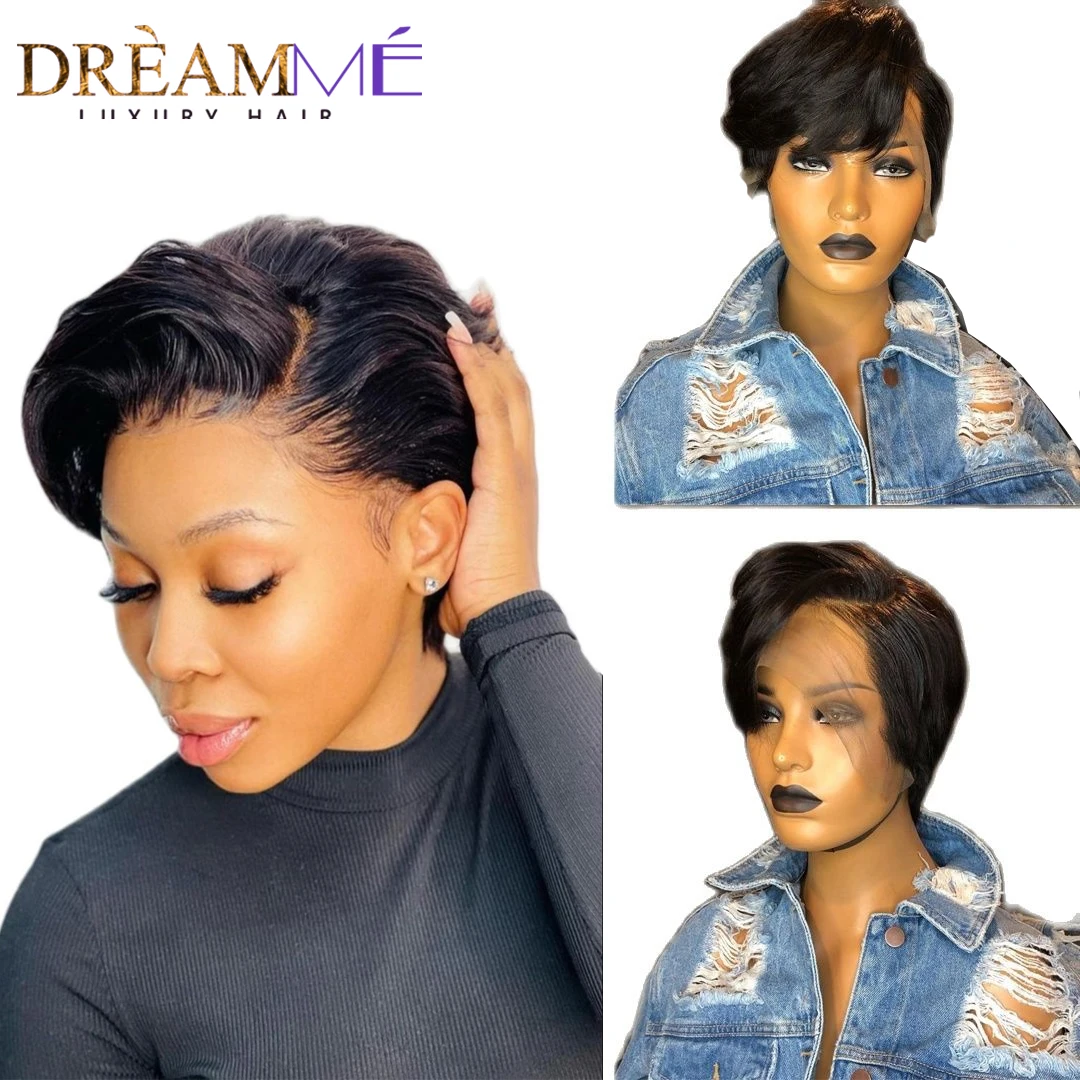 Short Pixie Cut 13x4 Lace Front Human Hair Wigs Natural Color Straight Remy Brazilian Bob Transparent Lace Frontal Wig For Women