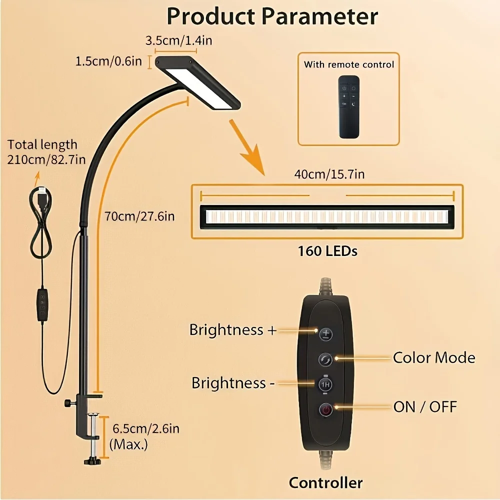 Gooseneck USB Clip On Night Reading Light with 3 Colors 10 Levels Adjustable 160 LED Beads USB Dimmable reading light