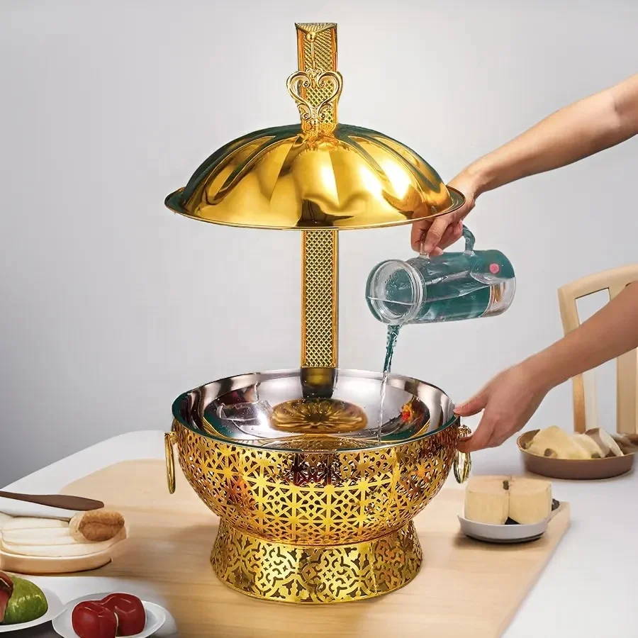 Gold round Stainless Steel Hot Pot Gas Powered Hanging Heater for Buffet Food Be