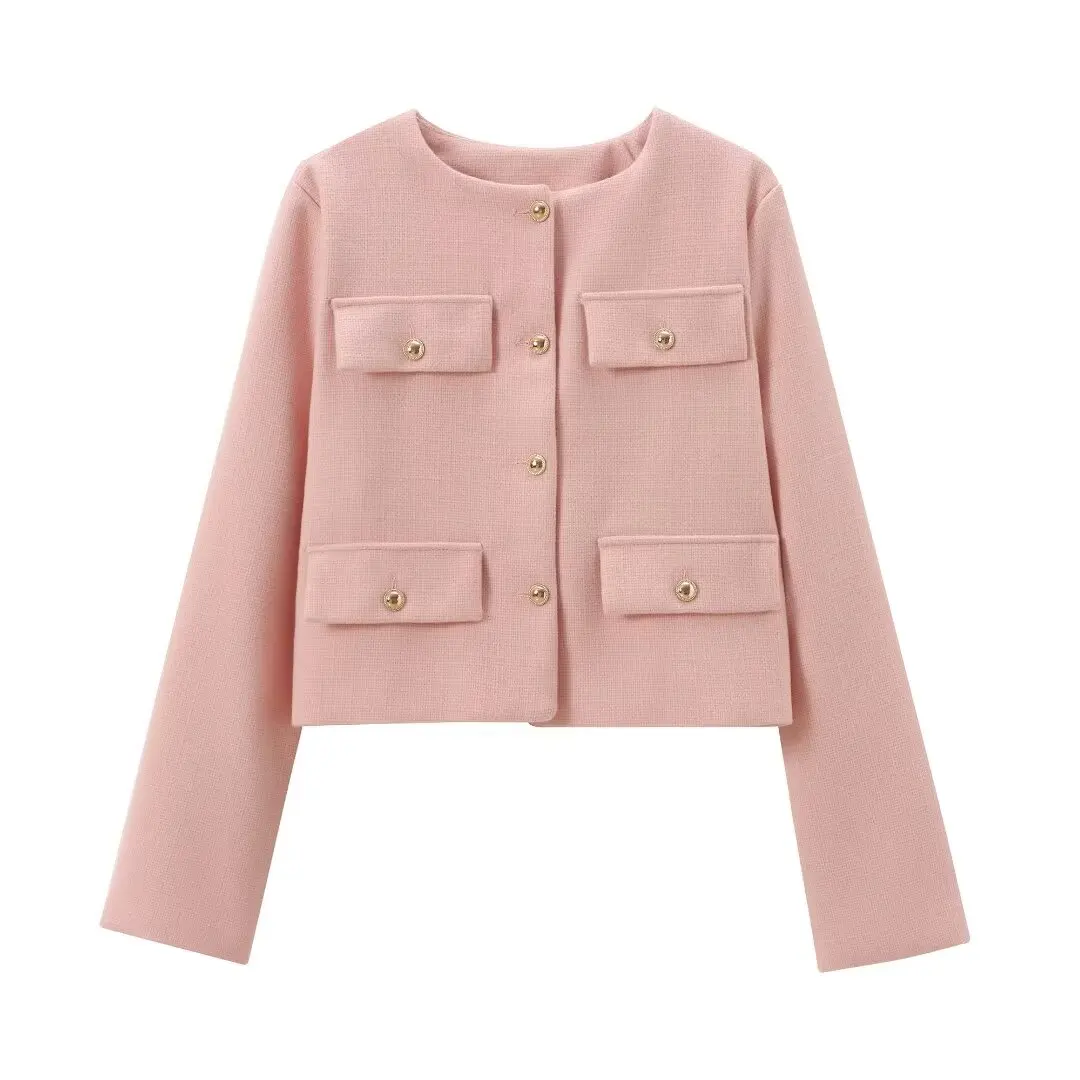 thumbnail image 1 of HH TRAF Chaqueta corta decorada con bolsillos y cuello redondo a la moda de un solo pecho para mujer, otoño e invierno, nueva, 1 of 4