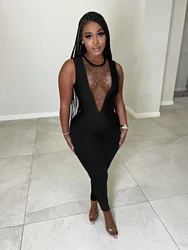 Women Mesh See Through Jumpsuit Sexy Deep V Neck Sequin Rhinestone Bodycon Jumpsuits Sleeveless Clubwear Party One Piece Rompers
