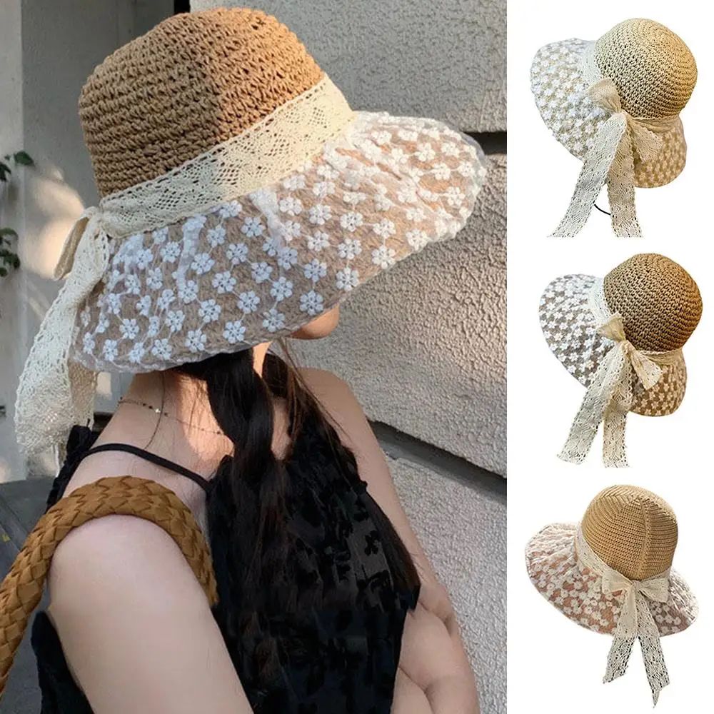 HOT Women's Summer Bucket Hat Small Flower Woven Straw Hat Foldable Fisherman Hat Handmade Wide Large Brim Beach Hats Anti UV