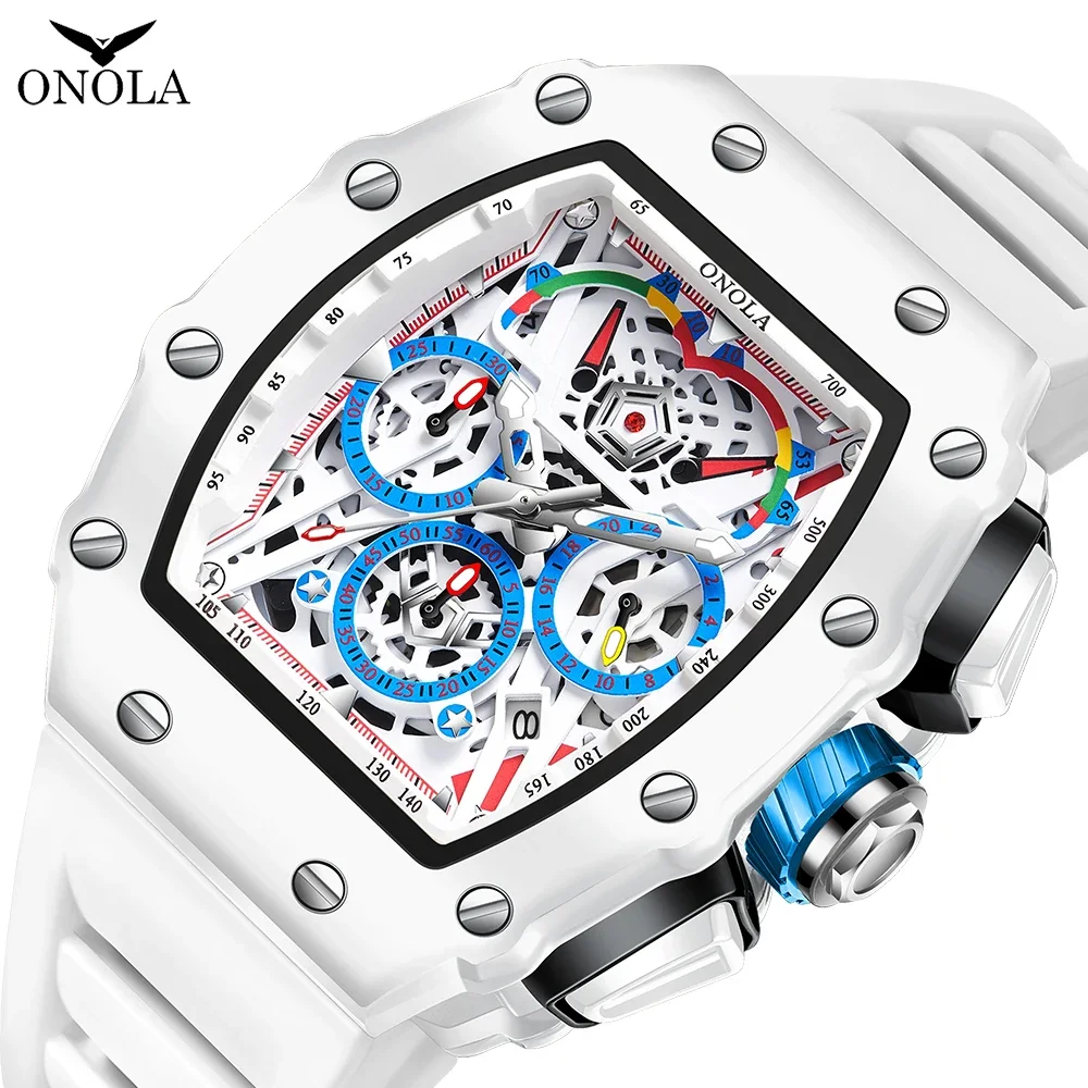 Luxury Watch Men\'s ONOLA Fashion Casual  Multifunctional Silicone Tape Waterproof Quartz Watch White