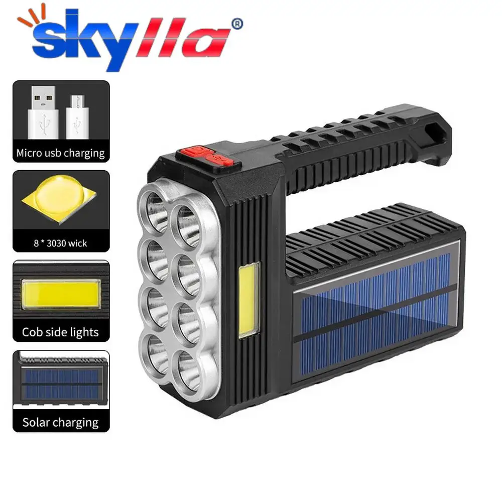 Rechargeable Solar Bulbs 8 LED Portable High Lumen Outdoor Flashlight Waterproof Handlamp with COB Side Light
