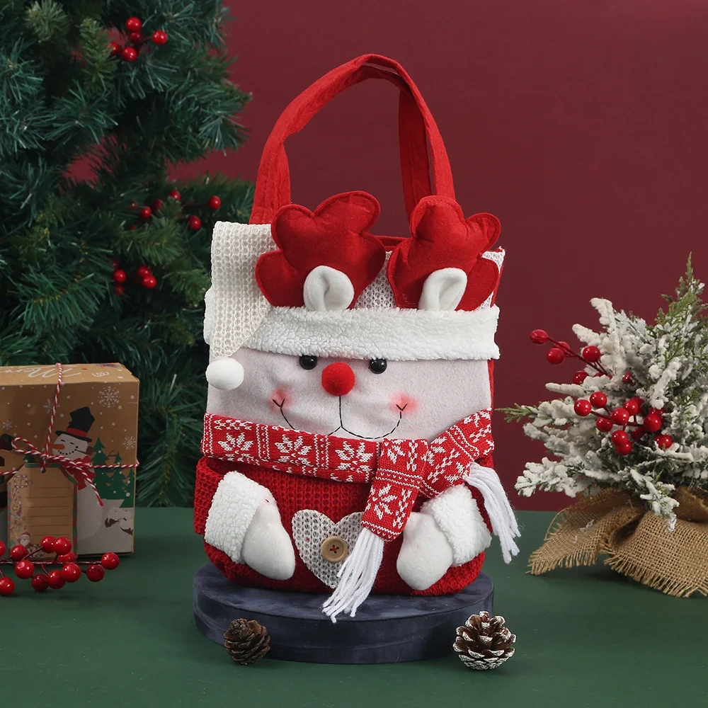 New Year Christmas Gift Bag Flip Hat Cartoon Santa Claus Snowman Candy Bags Knitted Velvet Handbag Children Storage Tote Bag