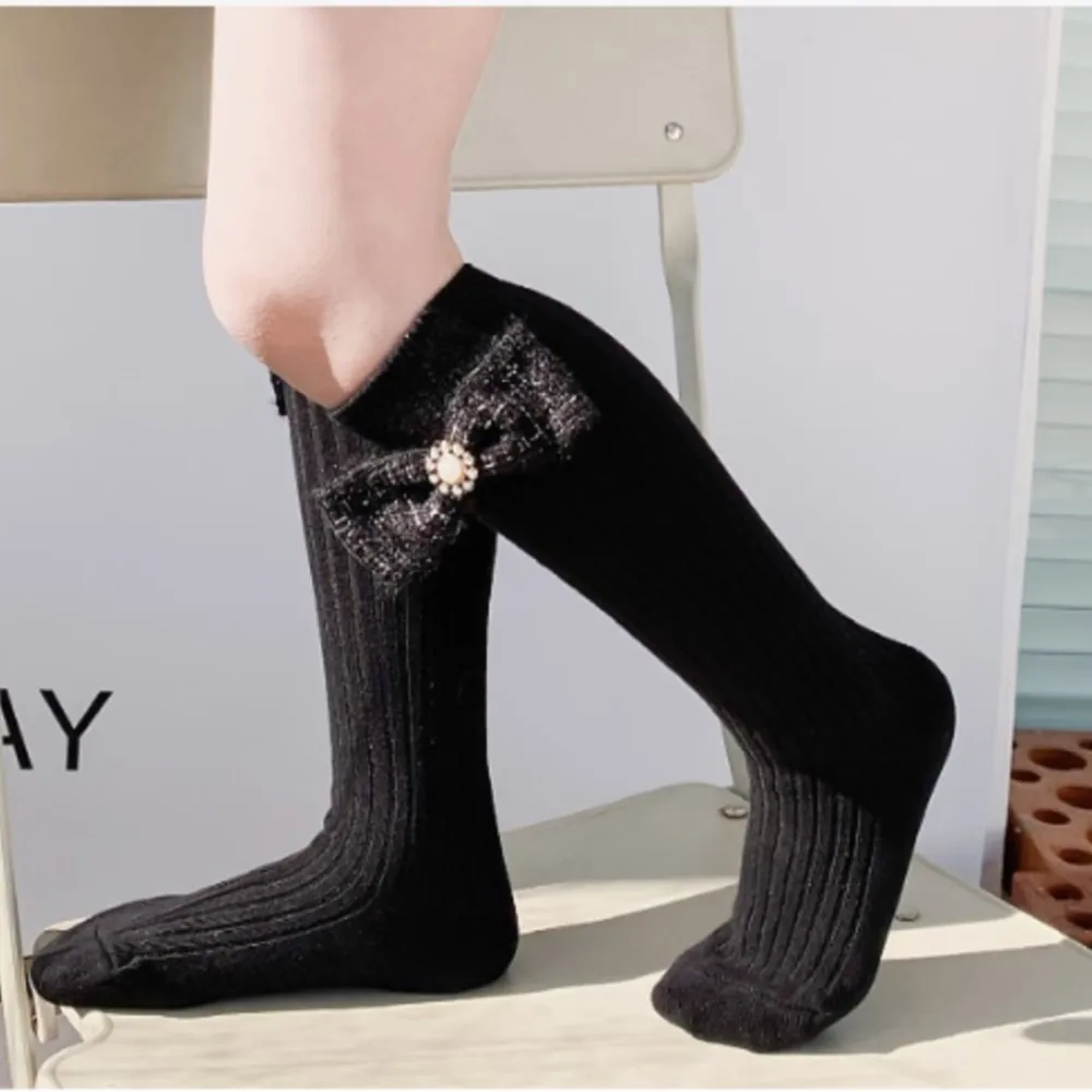 Girls socks pearl big bowknot sweet princess calf sock kids baby knee high stocking combed cotton sokken toddler infant cotton socks,children socks,cotton knee socks