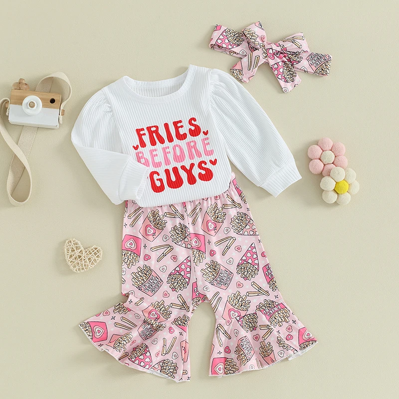 

Baby Girls Valentine s Day Outfits Letter Print Long Sleeve Rompers Heart Chips Print Flare Pants Headband 3Pcs Clothes Set