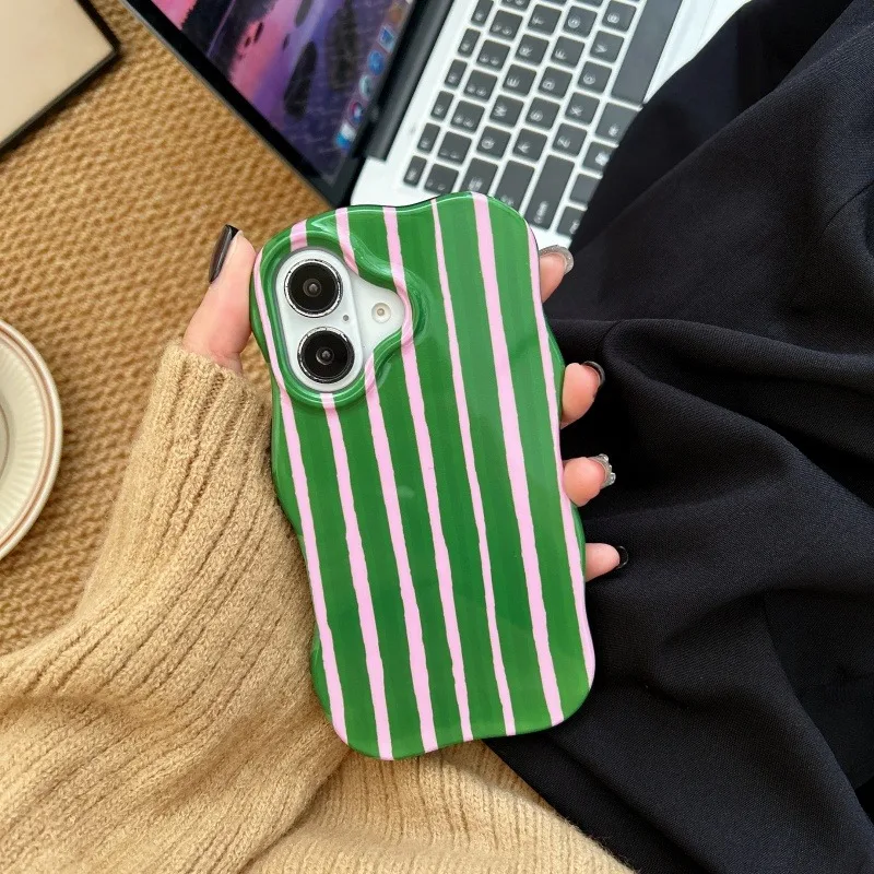 Fashionable Glossy Striped Phone Case with Wave Edge Design
