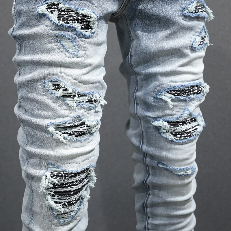 Street Fashion Men Jeans Retro Washed Blue Elastic Stretch Skinny Fit Hole Ripped Jeans Men Patched Designer Hip Hop Brand Pants