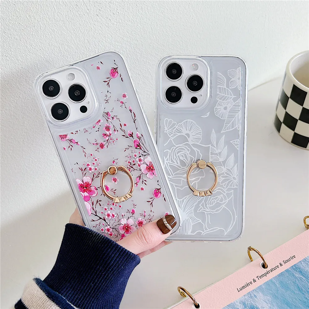 Coque de téléphone transparente avec porte-fleurs de Style coréen, étui Transparent pour iphone 15 14 12 13 11 Pro Max Plus, support Floral mignon pour fille_voghion.com