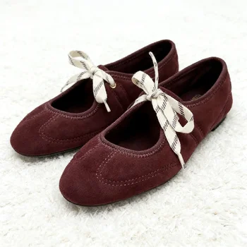 Fashion Lace Up Sewing Design Brand Ballet Flats Women High Quality Faux Suede Mary Jane Shoes Comfortable Round Toe Loafers 1