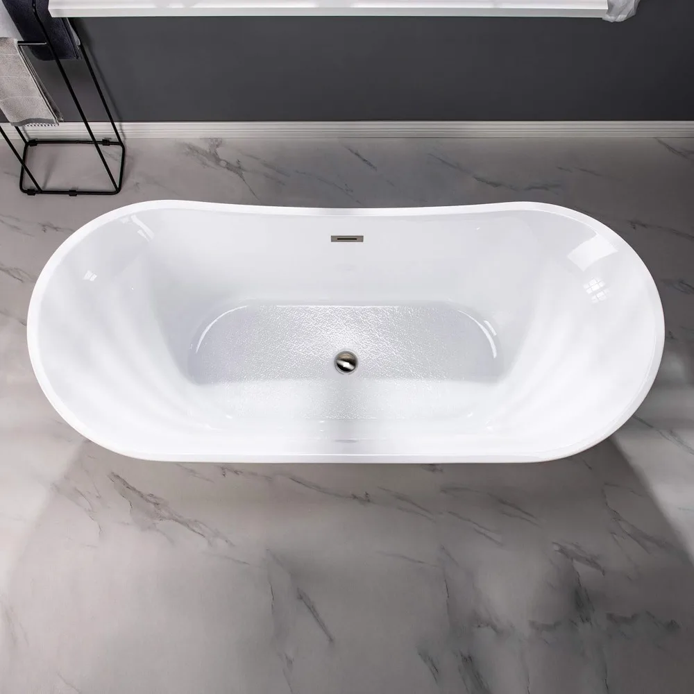 71" Acrylic Freestanding Bathtub with Brushed Nickel Overflow and Drain，Bottom with Stainless Steel Bracket Makes，Bathtub 5
