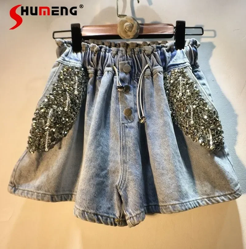 

European 2023 Summer New Heavy Diamond Pocket Denim Shorts Women's High Waist Loose Slimming Wide-Leg Shorts Female Hot Pants