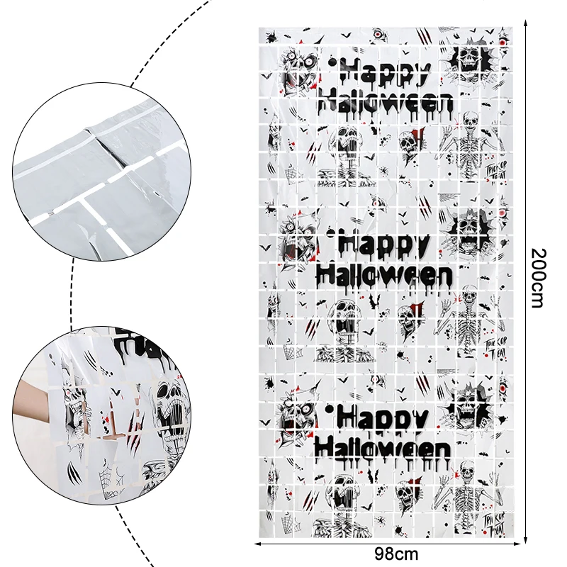 2M Halloween Party Backdrop Scary Skull Skeleton Foil Curtains for Halloween Indoor Outdoor Home Decoration Photo Booth Props
