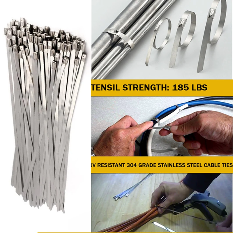 10 20 50 100 200 Pcs 10mm 0.39 inch Exhaust Wrap Multi-Purpose 304 Stainless Steel Metal Cable Tie banding self-locking zip ties