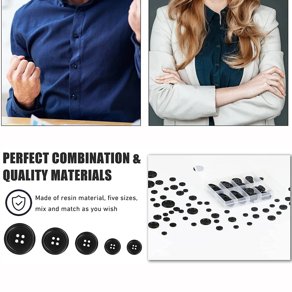 100 Pcs Black Resin Sewing Buttons, Mixed 5 Sizes of Black Buttons Suitable for Sewing Decoration 4-Hole Craft Buttons 3