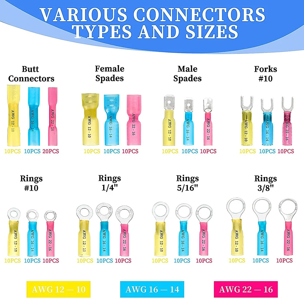 100 Pack Heat Shrink Ring Terminals - #10 Blue Marine Grade Connectors