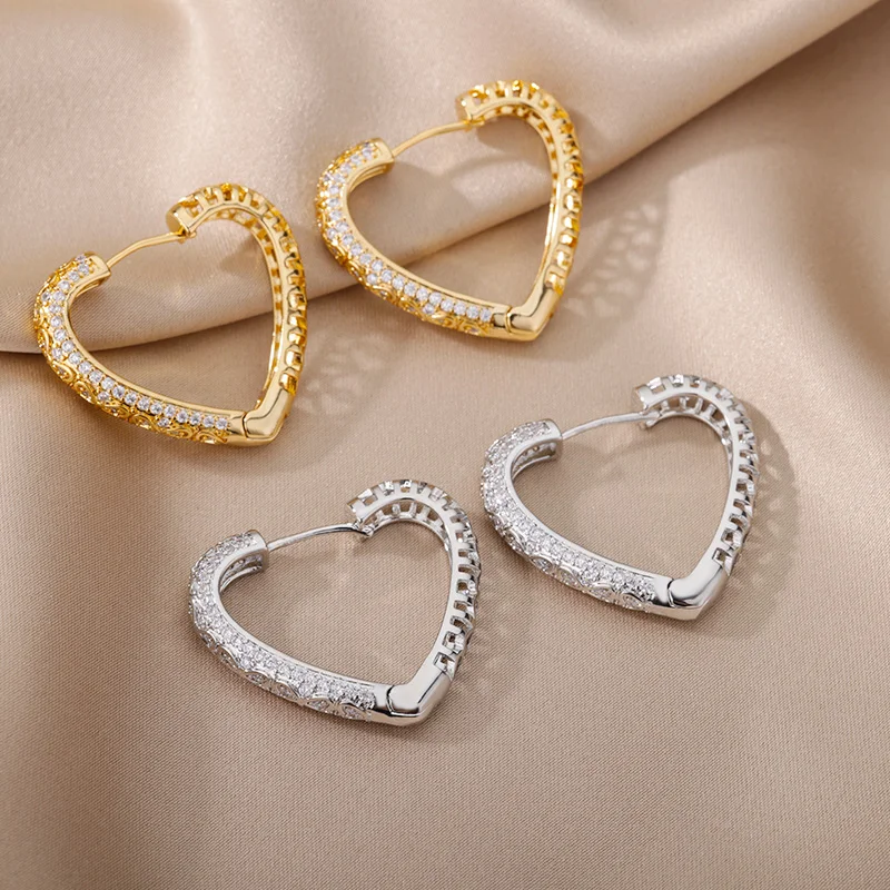 Zircon Geometric Hoop Earrings for Women Stainless Steel Silver