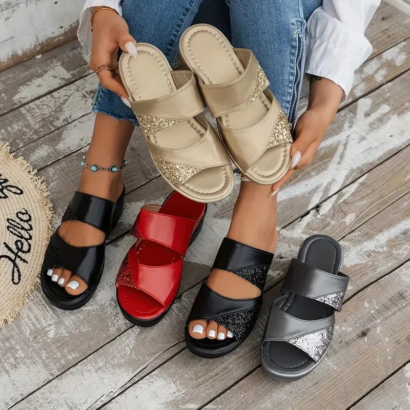 Women Wedge Slippers Glitter Platform Comfortable Sandals Casual Sling Backs Slippers New Summer Shoes for Women Slides Women — view 2