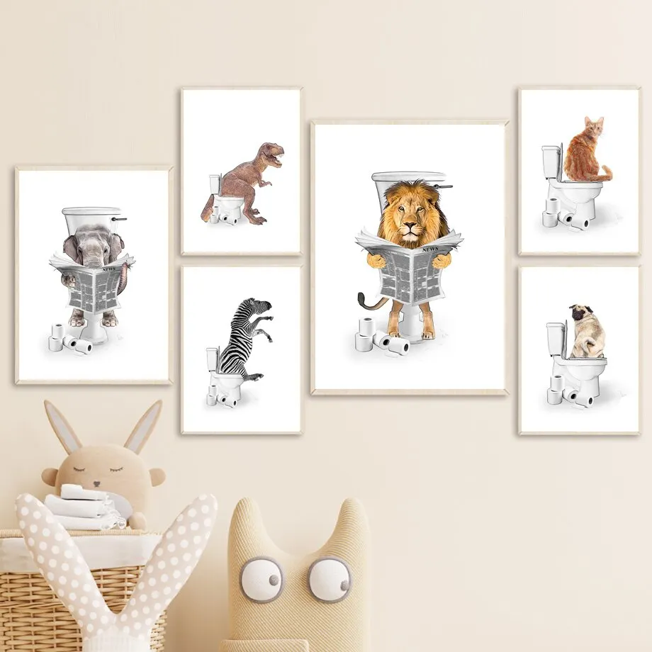 

Funny Animal Bathroom Wall Art Dinosaur Zebra Lion Elephant Dog Canvas Prints for Toilet Decor