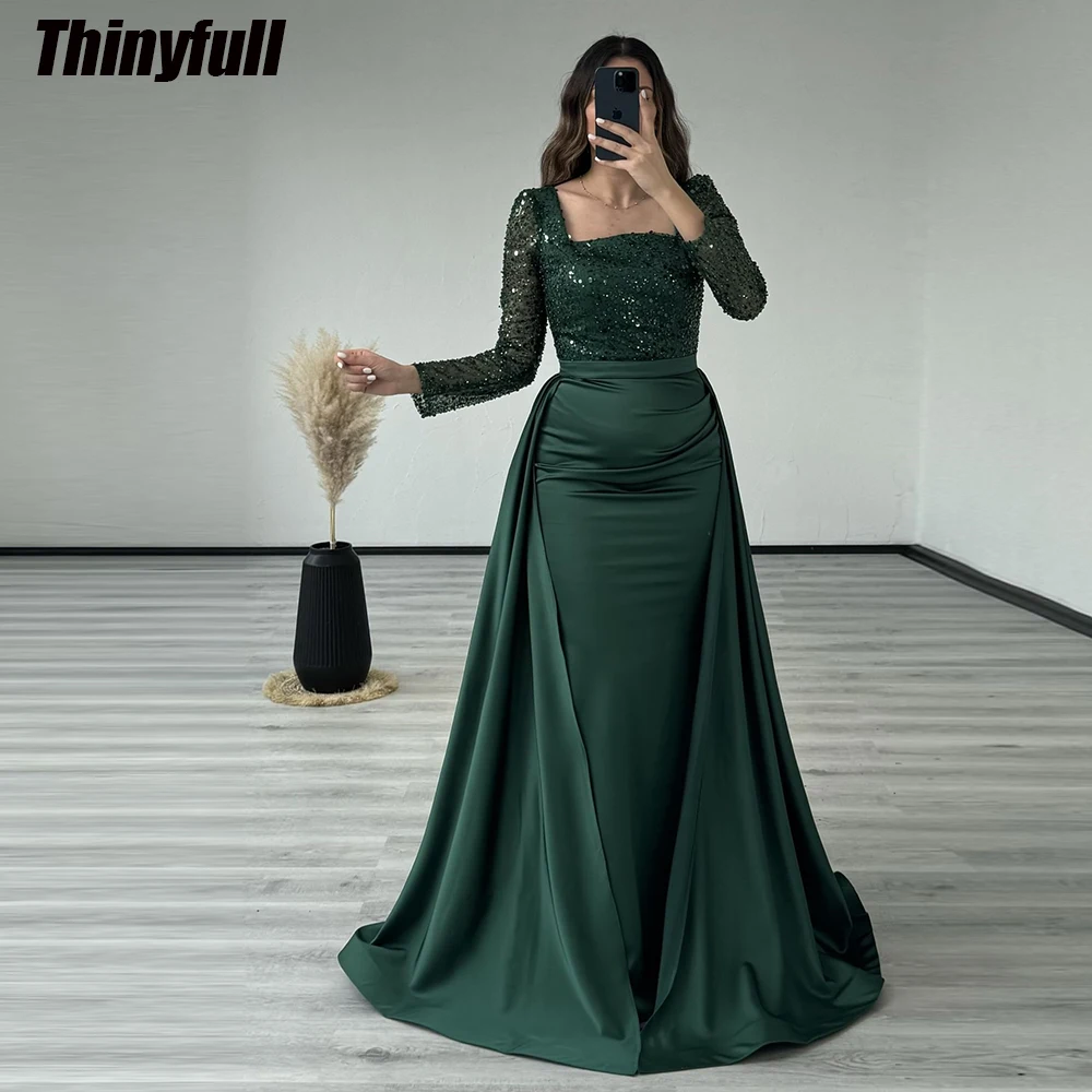 

Thinyfull Mermaid Shiny Prom Dresses Long Sleeves Satin Sequined Evening Party Gowns Detachable Train 2024 Formal Occasion Dress