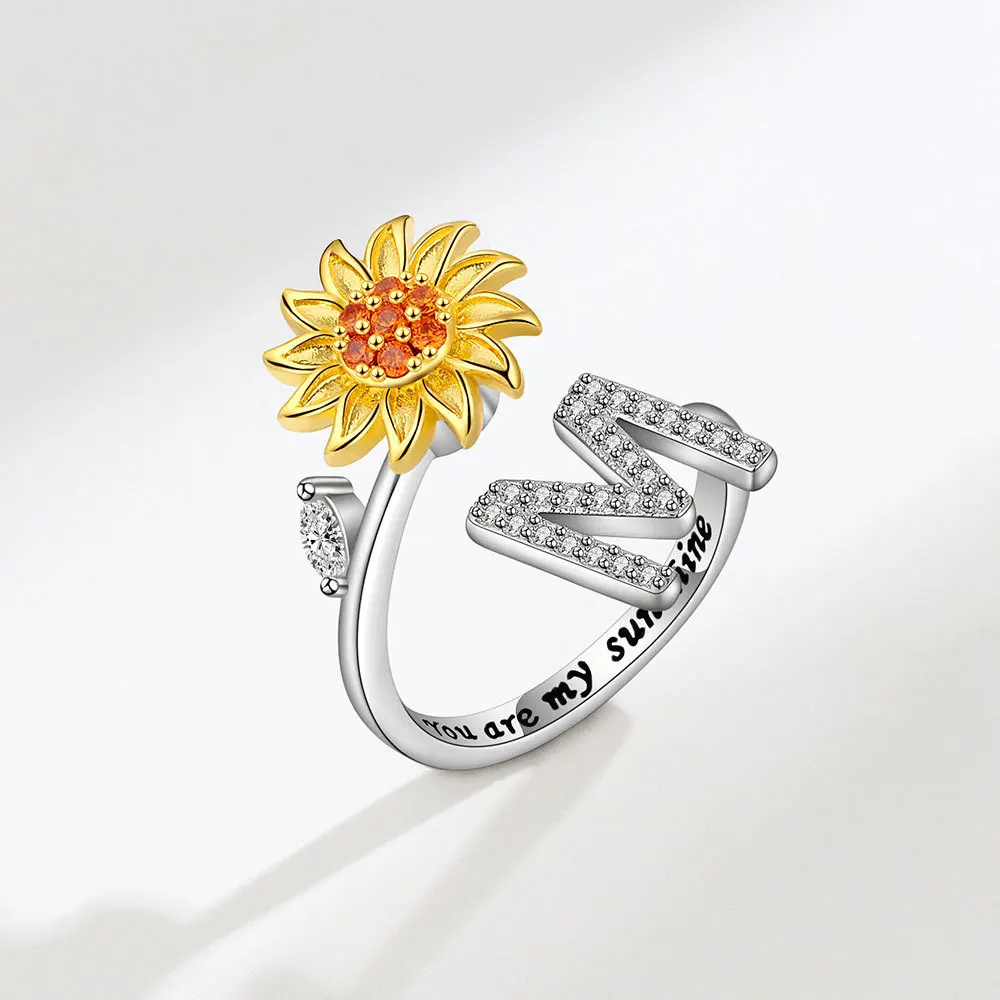KOFSAC Adjustable Size Sunflower Rotatable Ring Women Personality Zircon 26 English Letter Rings 925 Silver Gold Two Color Ring 4