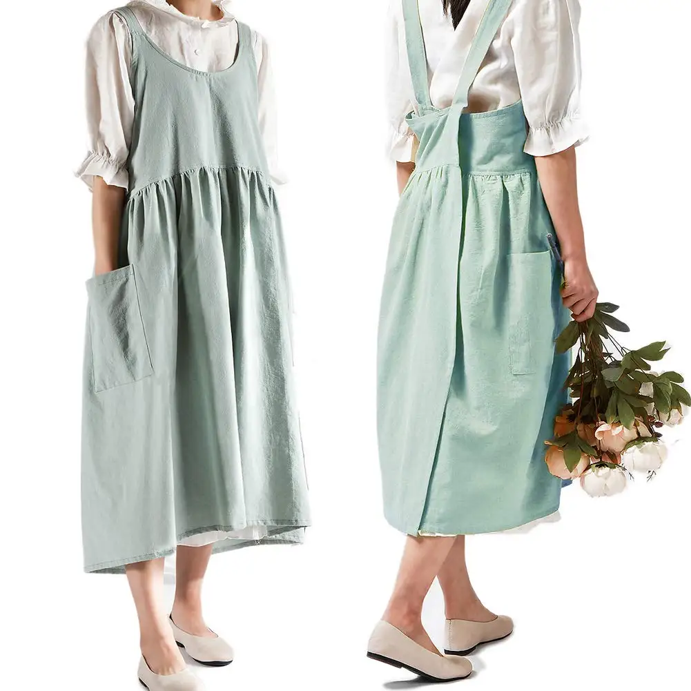 Cross Back Apron with Pockets for Women, Cotton Linen, Gardening, Turquoise, No Waist Ties