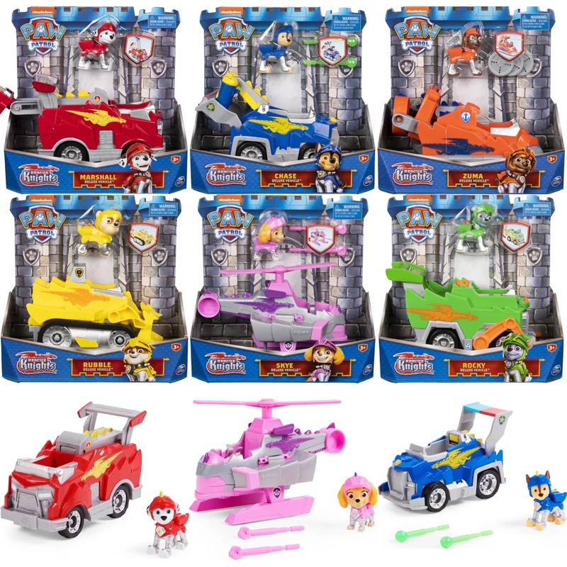 Original Paw Patrol New Rescue Knights Chase Marshall Macerie Skye Rocky Che Trasforma Macchinina Con Action Figure Da Collezione