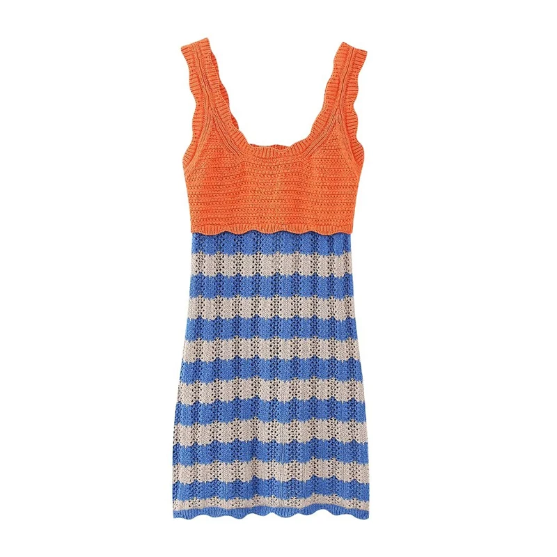

Summer New Retro Color Contrast Striped Knitted Dress Slim Fashion Short Vest Skirt