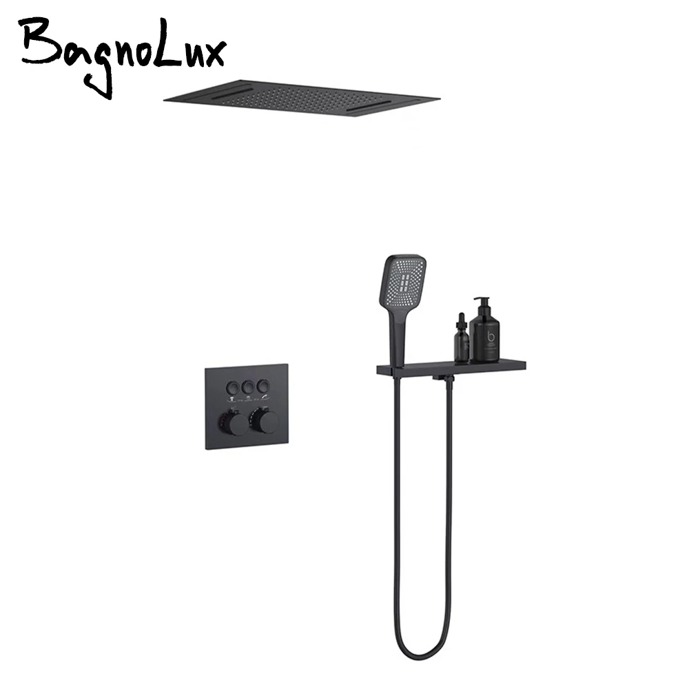 Embedded box Thermostatic Shower Faucet Gunmetal Ceiling Shower Head & Shelf Wall Mounted Mixer Tap Hot And cold Bathroom Tap