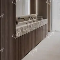 อ่างล้างหน้าคู่แบบวินเทจทำจากหินทราเวอร์ทีน พร้อมพื้นผิวแบบมีเท็กซ์เจอร์ ติดตั้งใต้เคาน์เตอร์ พร้อมท่อระบายน้ำแบบซ่อน  อ่างล้างหน้าสไตล์กลางศตวรรษ ทำจากหินเทียม 2